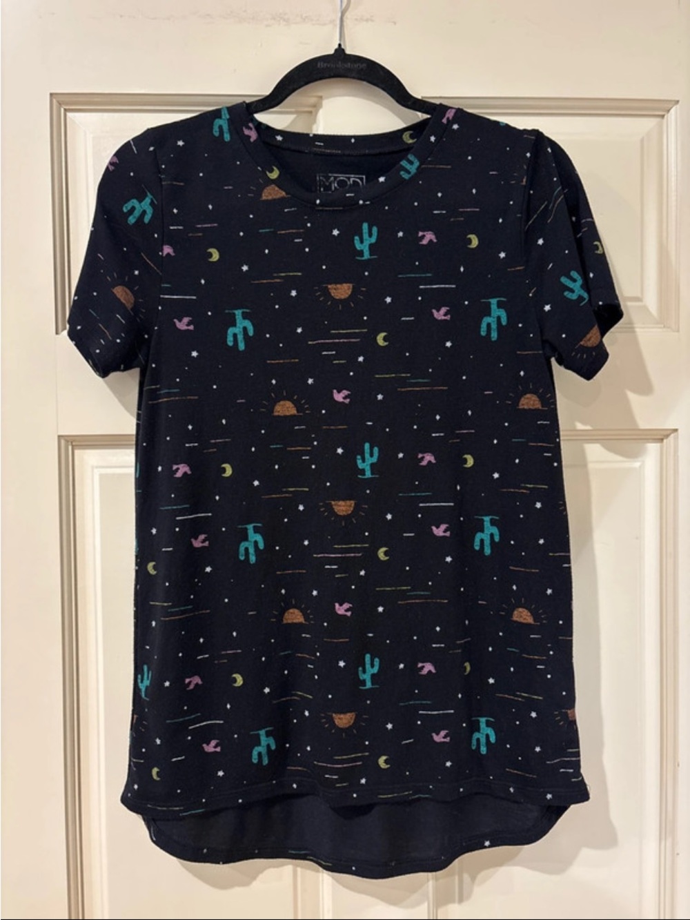 Modern Lux Black Long Sleeve Tee with Teal, Pink & Gold Desert Motifs